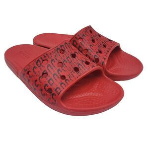 Crocs Big Kids Classic Slides Slip-on Juniors 1 Red Black Logo Spell Out Casual